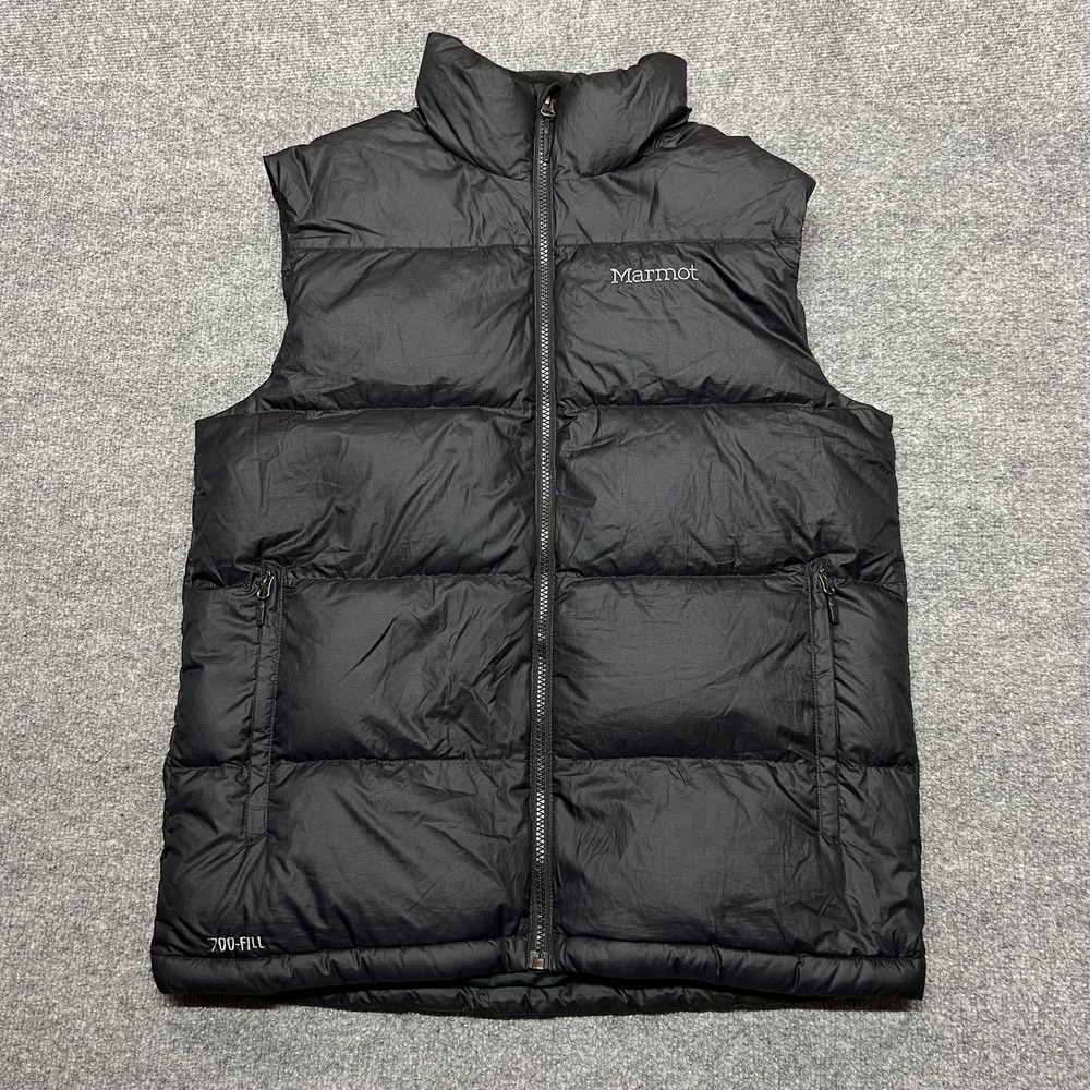 Marmot Vest Mens Small Black 700 Fill Down Puffer Full Zip Outdoor Hiking